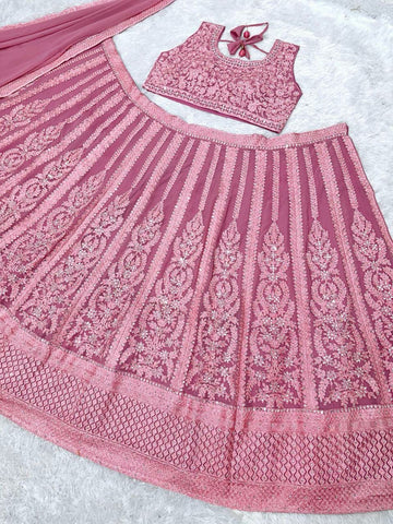 Designer Georgette Embroidered Work Pink Color Lehenga Choli