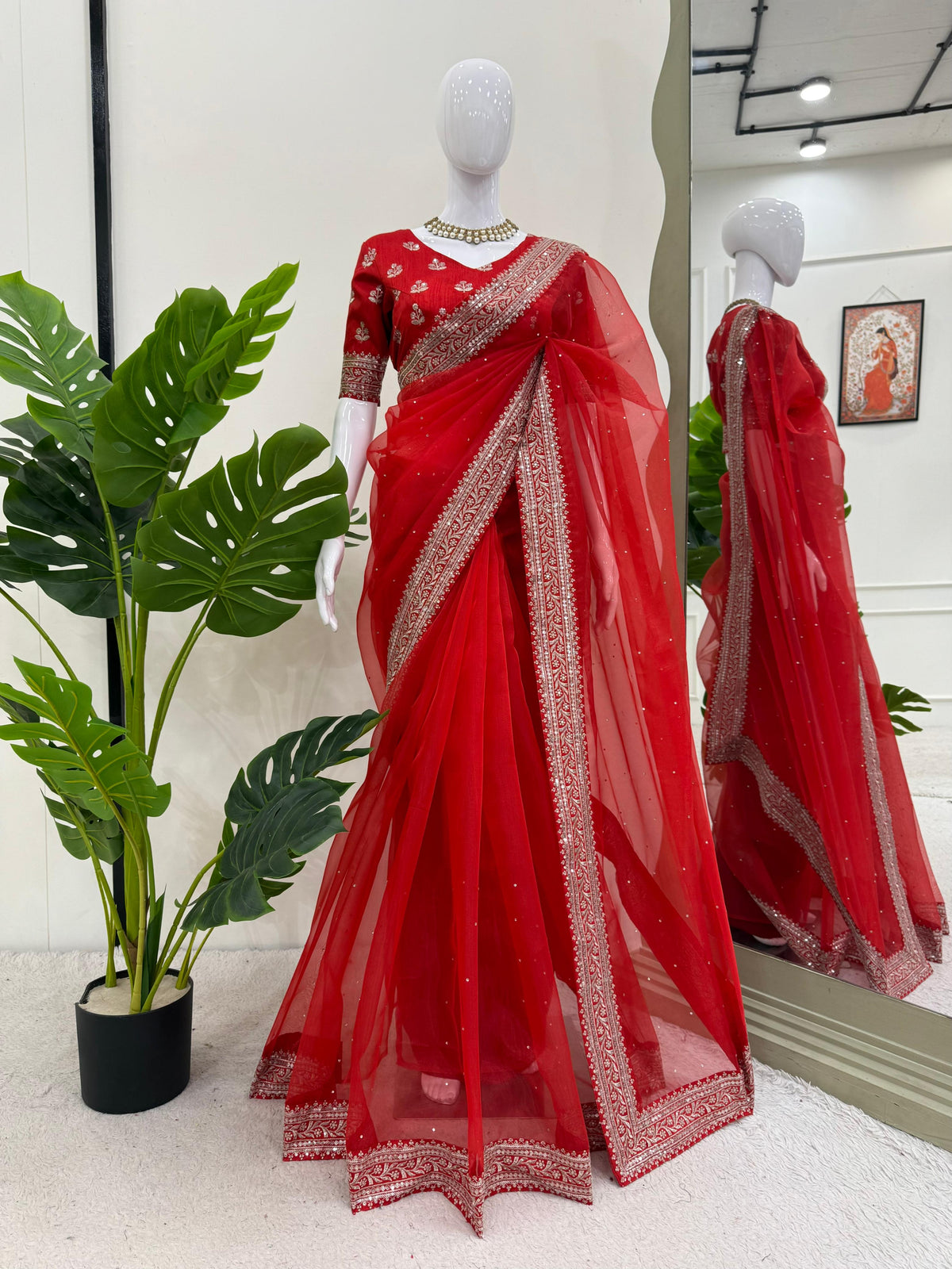 Diamond Work Red Color Silk Saree