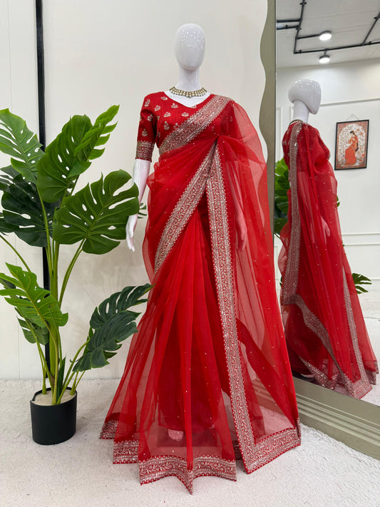 Diamond Work Red Color Silk Saree