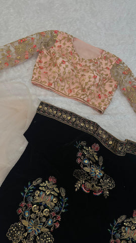 Designer Black Velvet with Dori Work Net Saree
