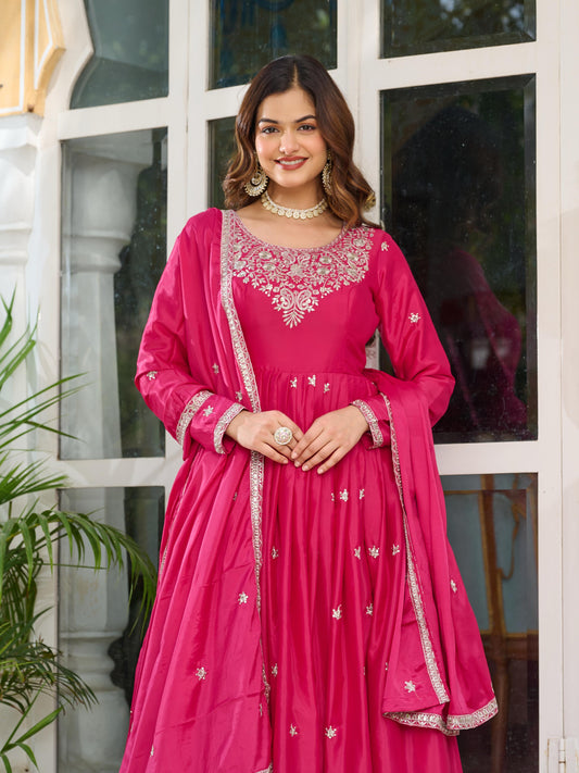 Flattering  Sequence Work Pink Color Gown