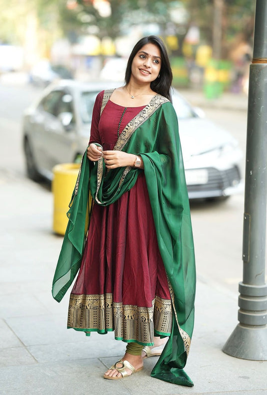 Captivating Vichitra Silk Maroon Color Anarkali Gown