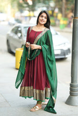 Captivating Vichitra Silk Maroon Color Anarkali Gown