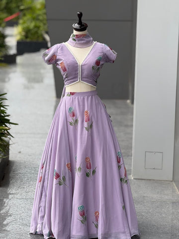 Lovely Lavender Georgette Hand Painted Lehenga