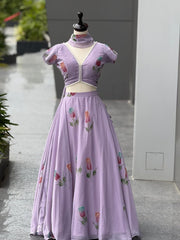 Lovely Lavender Georgette Hand Painted Lehenga