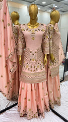 Fantastic Embroidery Work Peach Color Sharara Suit