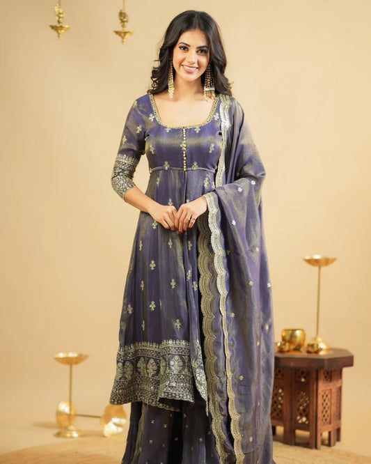 Lavender Color Simmer Silk Top With Lehenga