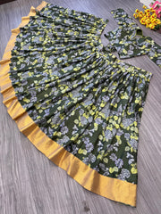 Captivating Chinon Silk Green Color Flower Print Lehenga Choli