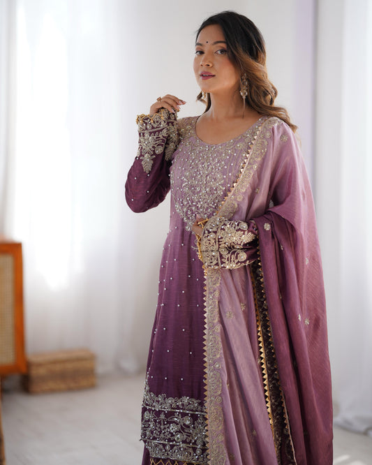 Designer Chinon Silk Rivet Moti Onion Color Sharara Suit