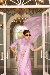 Glossy Embroidery Work Lavender Color Ready To Wear Saree