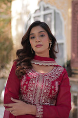 Demanding Embroidery Pearl Work Maroon Color Gown