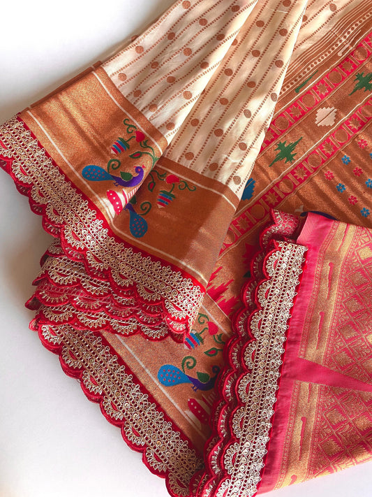 Captivating Cream Color Paithani Silk Saree