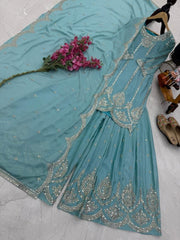Designer Sky Blue Color Heavy Work Chinon Silk Palazzo Suit