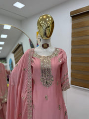 Designer Peach Color Heavy Work Chinon Silk Palazzo Suit