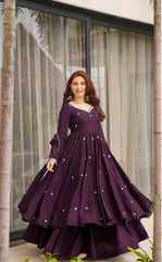 Attractive Purple Heavy Roman Silk Embroidery Anarkali Suit