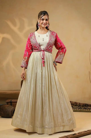 Trendy Pink Silk Embroidery Work Gown