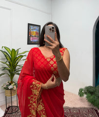 Outstanding Faux Georgette Red Color Lehenga Saree