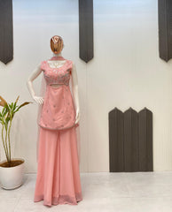 Good Looking Embroidery Work Peach Color Sharara Suit