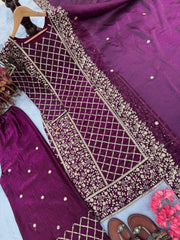 Decent Embroidery Work Wine Color Palazzo Suit