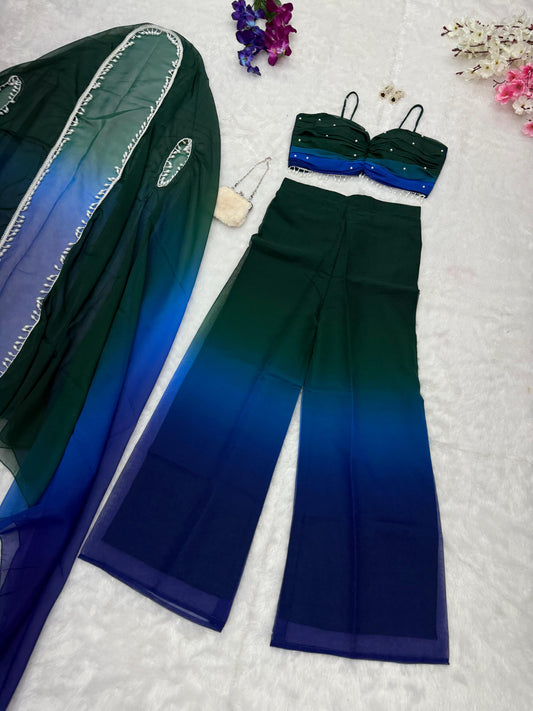 Unique Double Shaded Green Color Palazzo Top With Shrug