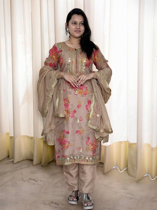Good Looking Organza Beige Color Palazzo Suit