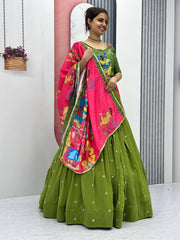 Lovely Kalamkari Print Real Handwork Green Color lehenga choli
