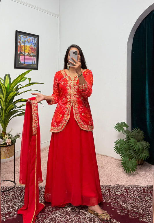 Outstanding Embroidery Work Red Color Gown Koti With Dupatta