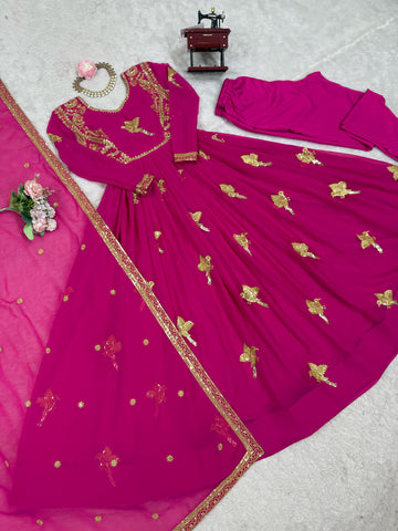 Marvelous Pink Georgette Thread Work Gown