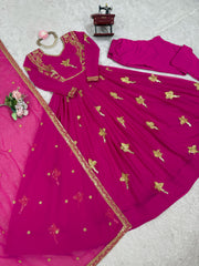Marvelous Pink Georgette Thread Work Gown