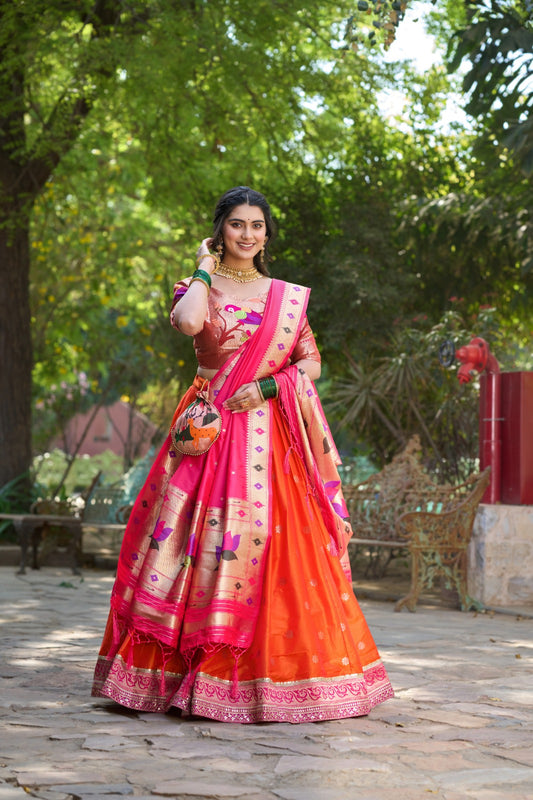 Occasion Wear Weaving Zari Work Orange Color Lehenga Choli