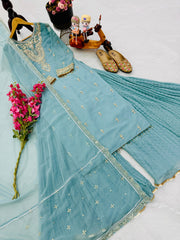 Sky Blue Color Embroidery Work Sharara Suit