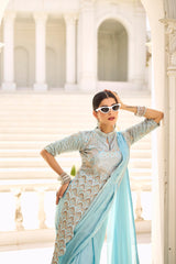 Glossy Embroidery Work Sky Blue Color Ready To Wear Saree