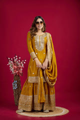 Fantastic Embroidery Sequence Work Mustard Color Sharara Suit
