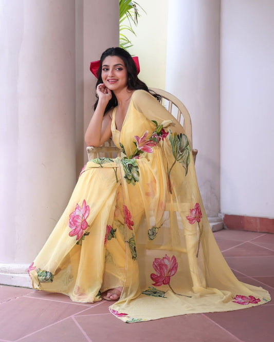 Designer Yellow Tabby Silk with Floral Print Saree