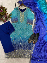 Precious Embroidery Work Sky Blue With Navy Blue Color Salwar Suit