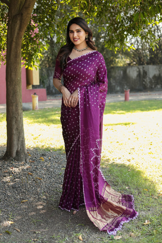 Superhit Wine Color Original Bandhej Silk Saree