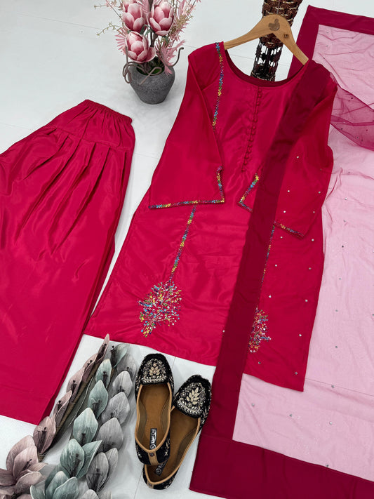 Pink Color Sequence Work Palazzo Suit