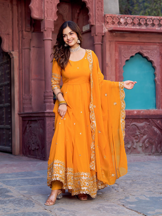 Classic Heavy Work Yellow Color Georgette Gown