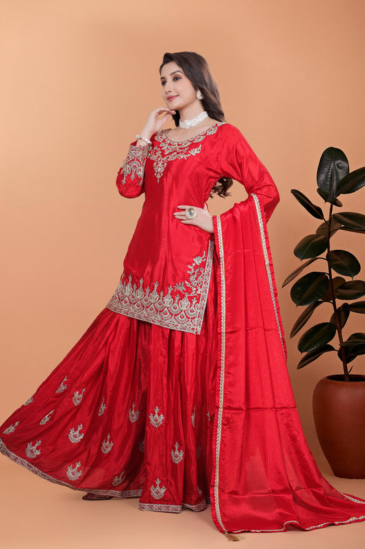 Exclusive Embroidery Work Red Color Palazzo Suit