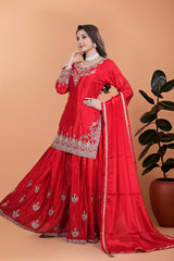 Exclusive Embroidery Work Red Color Palazzo Suit