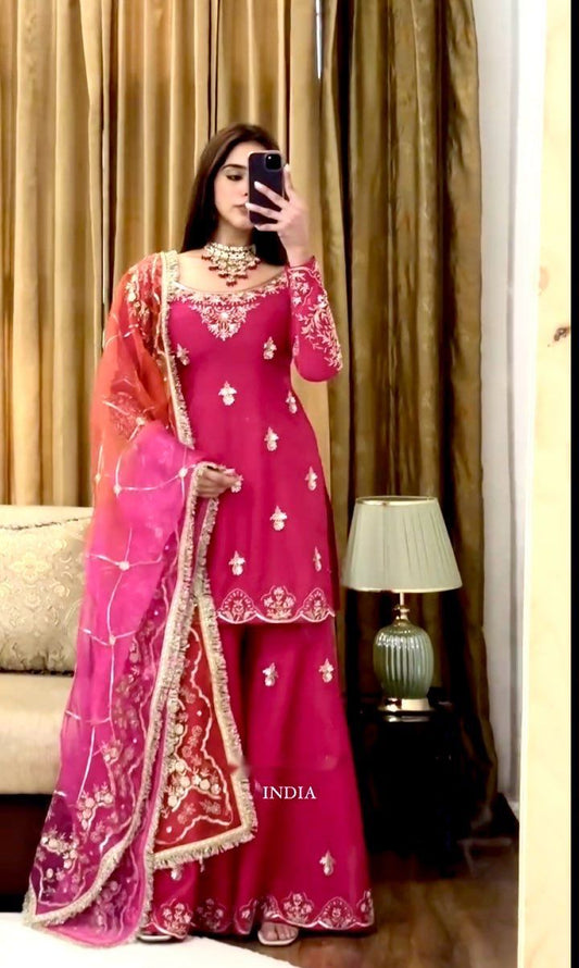 Ravishing Pink Cinon Silk Sequence Work Sharara Suit