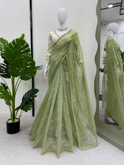 Outstanding Sequnce Work Net Mehndi Color Saree