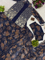 Printed Navy Blue Color Ready To Wear Saree With Koti