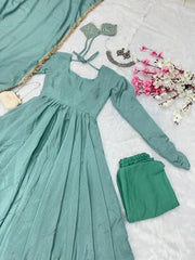 Fabulous Chinnon Silk Aqua Green Color Anarkali Gown