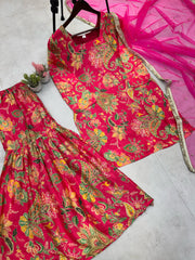 Flattering Embroidery Work Multi Pink Color Sharara Suit