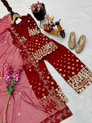 Red Color Sequence Work Palazzo Suit