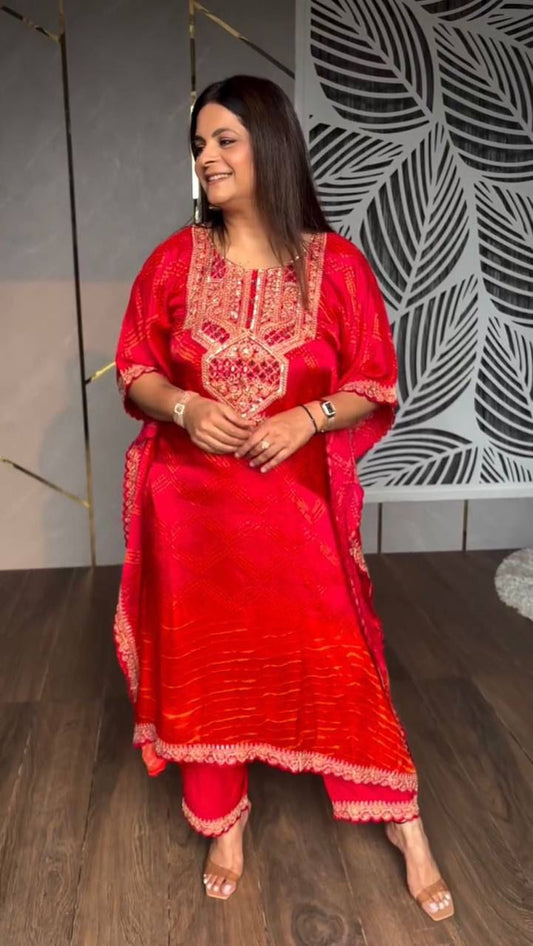 Attractive Chinon Embroidered Work Pink & Orange Color Kaftan Suit