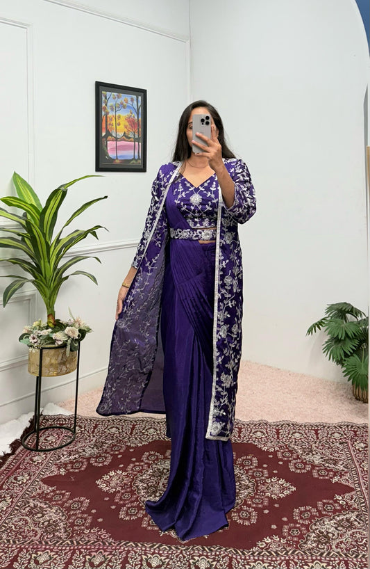 Stunning Chinon Silk Blue Color Saree With Koti