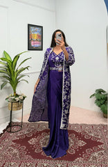 Stunning Chinon Silk Blue Color Saree With Koti