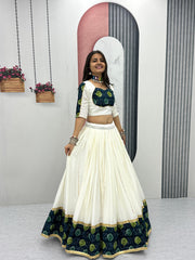 Navratri Wear White Rayon Cotton Ajrakh Print Lehenga Choli